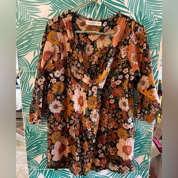 🤎🧡🌼NATURAL Life Floral Women's Top 100% cotton sz S-M - Picture 1 of 5